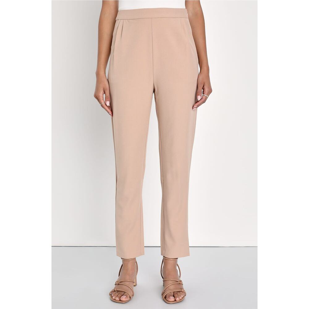 Lulus Kick It Beige High-Waisted Trousers Dress Pants Size XL Pleated Office NWT - Picture 2 of 15